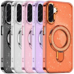 For Galaxy A27 5G Phone Case Transparent Glitter Rotaional Magnetic Ring Stand