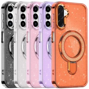 For Galaxy A16 5G Phone Case Transparent Glitter Rotaional Magnetic Ring Stand